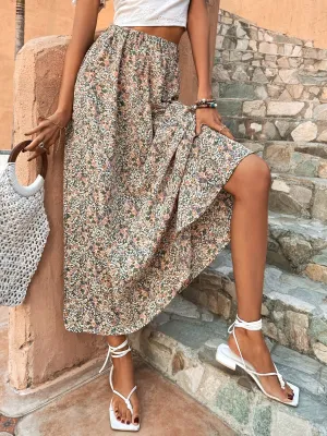 Bohemian Ditsy Floral Long High Waist Swing Flowy Maxi Skirt