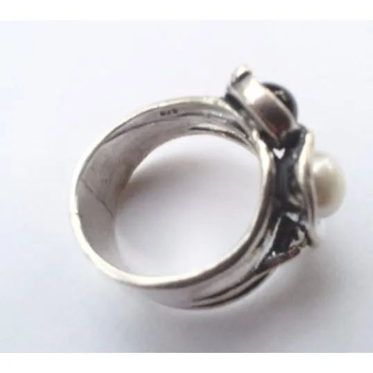 Bohemian Harmony: Sterling Silver Ring with Onyx and Pearls by Israeli Designer