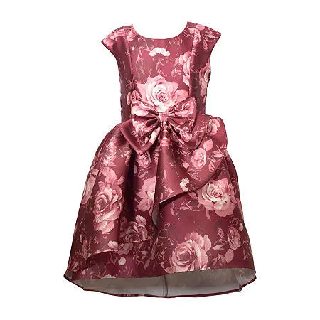 Bonnie Jean Big Girls Short Sleeved Mikado Dress with Cascade Skirt, Bow Front, and High Low Hem - Burgundy