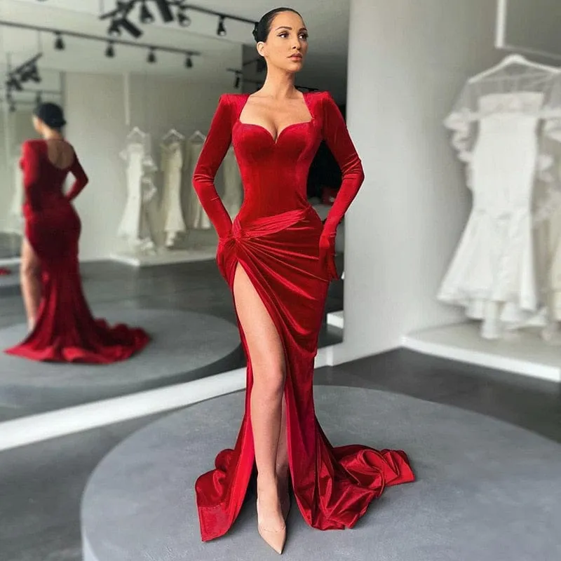 BoozRey Women Elegant Gown Long Dress Evening Club Outfits Women Gloves Sleeve Velvet Sexy Slit Maxi Dresses Bridesmaid Dresses