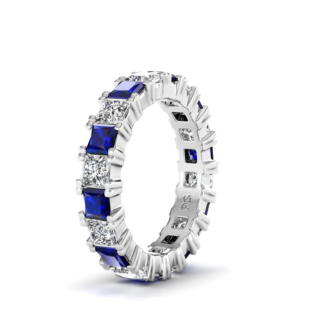 Brilliant 4.70CT Princess cut Diamonds and Blue Sapphires Eternity Ring in Platinum