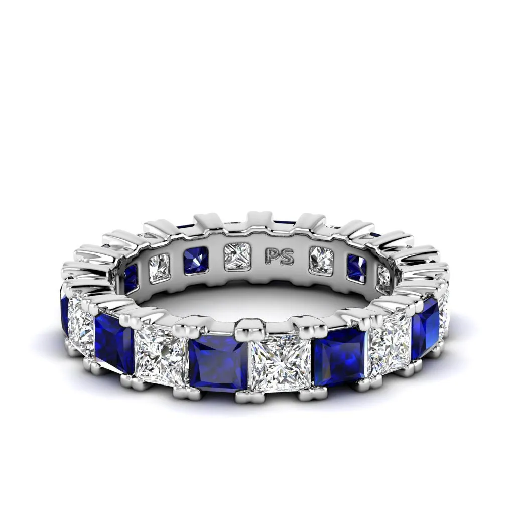 Brilliant 4.70CT Princess cut Diamonds and Blue Sapphires Eternity Ring in Platinum