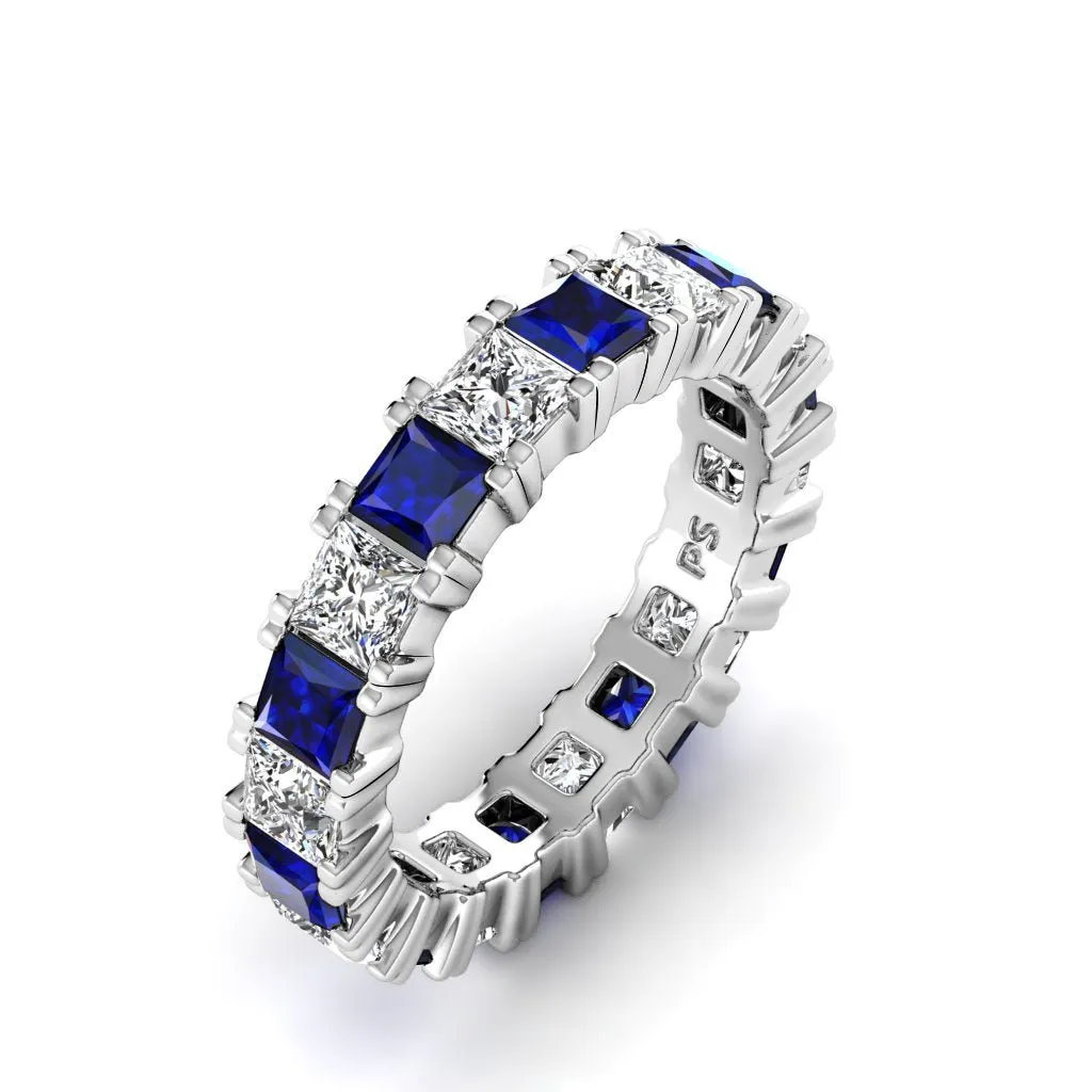 Brilliant 4.70CT Princess cut Diamonds and Blue Sapphires Eternity Ring in Platinum