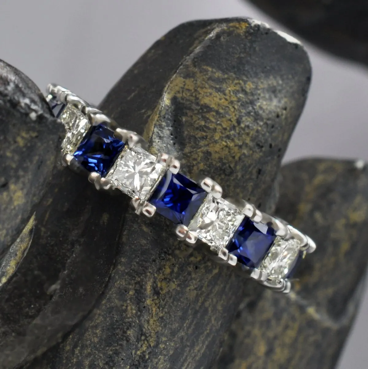 Brilliant 4.70CT Princess cut Diamonds and Blue Sapphires Eternity Ring in Platinum