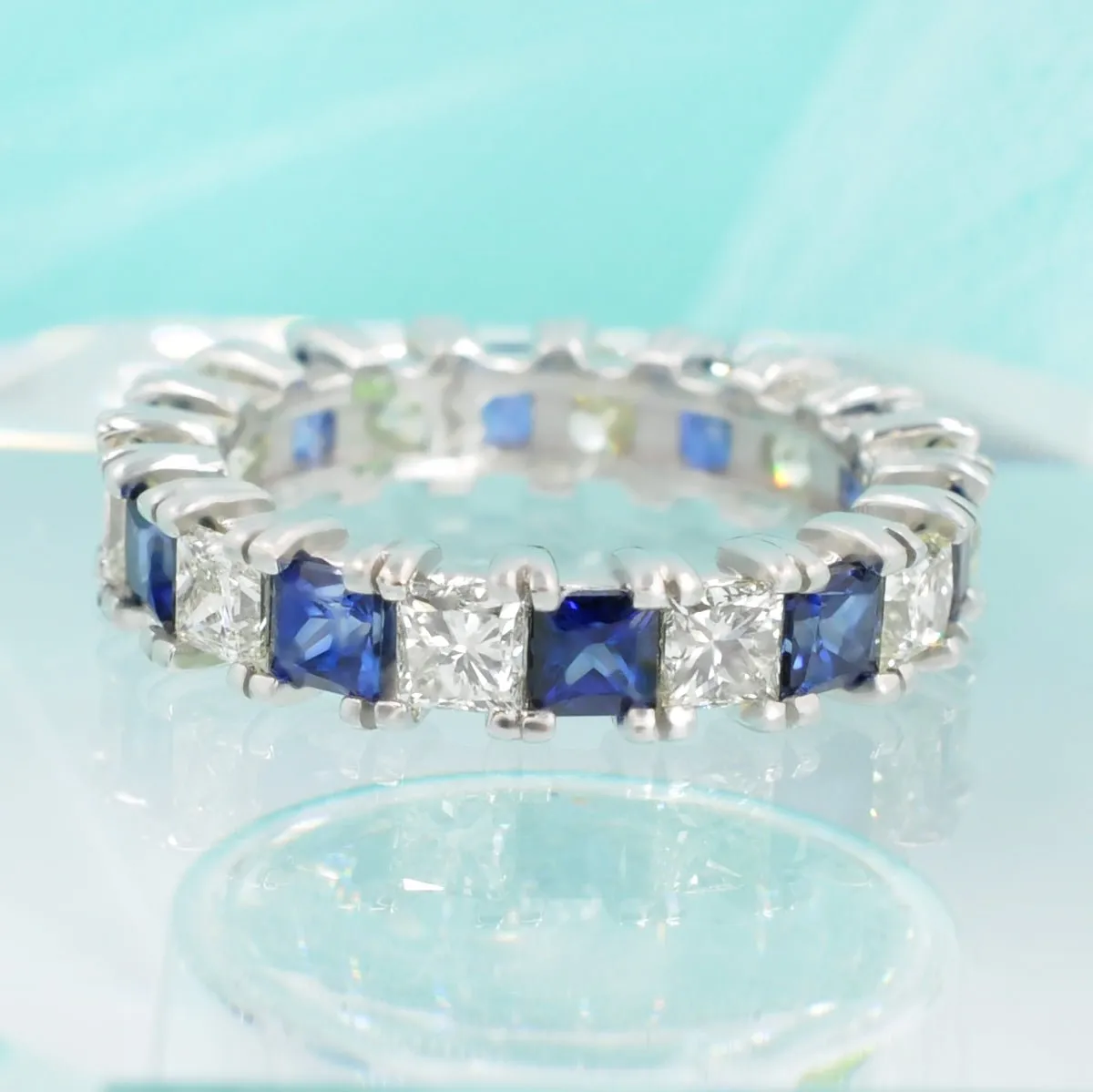 Brilliant 4.70CT Princess cut Diamonds and Blue Sapphires Eternity Ring in Platinum