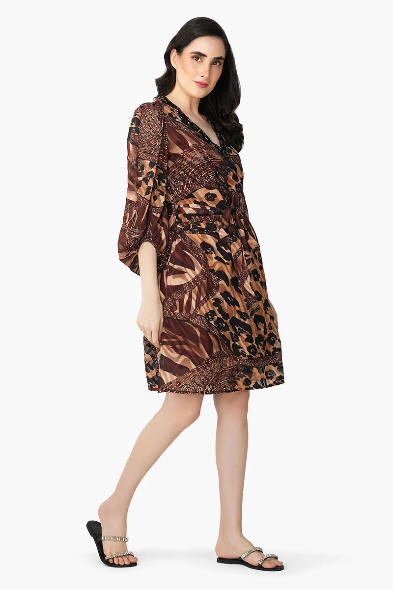 Brown Animal Patch Print Short Dress