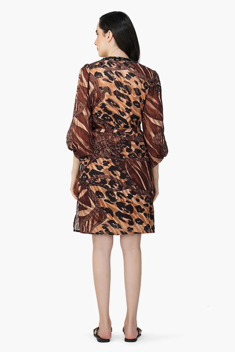 Brown Animal Patch Print Short Dress