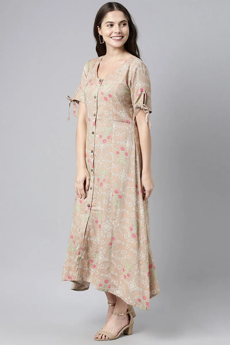 Brown Pure Cotton Floral Print A-Line Midi Dress