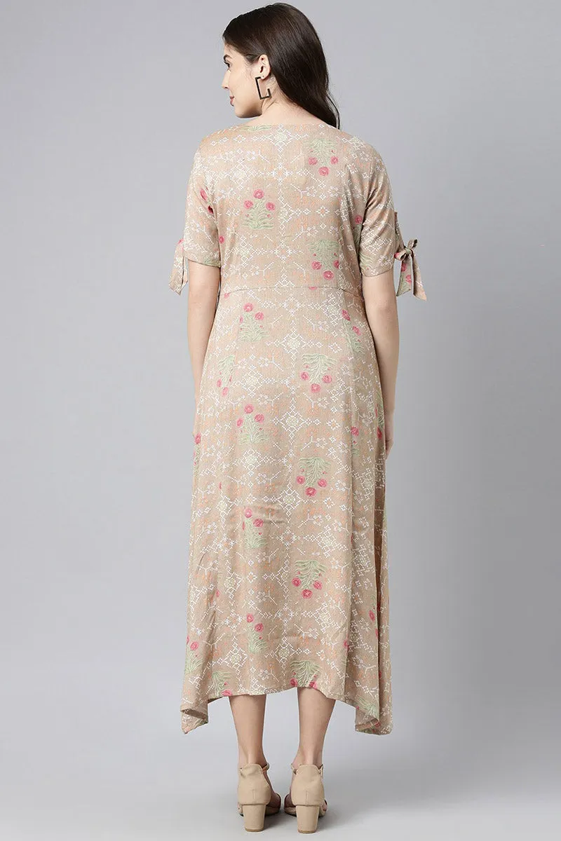 Brown Pure Cotton Floral Print A-Line Midi Dress