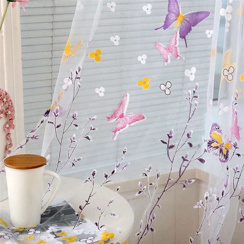 Butterfly Branches Printed Tulle Curtains for Living Room Kitchen Indoor Window Screening Decor Balcony Burnout Voile Curtain