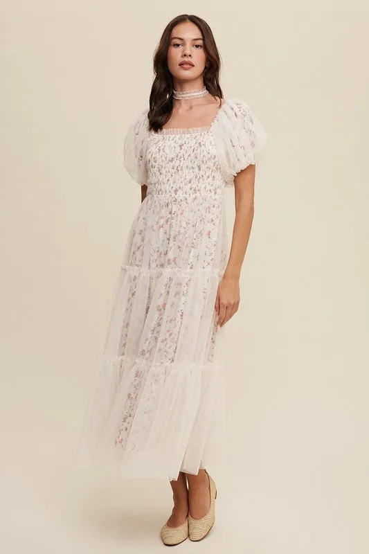 Carey Floral Print and Mesh Puff Sleeve Maxi Dress