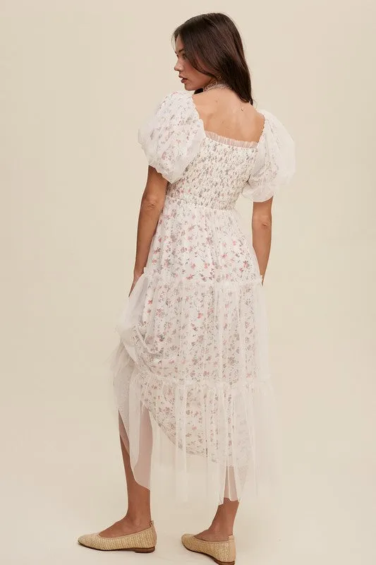 Carey Floral Print and Mesh Puff Sleeve Maxi Dress