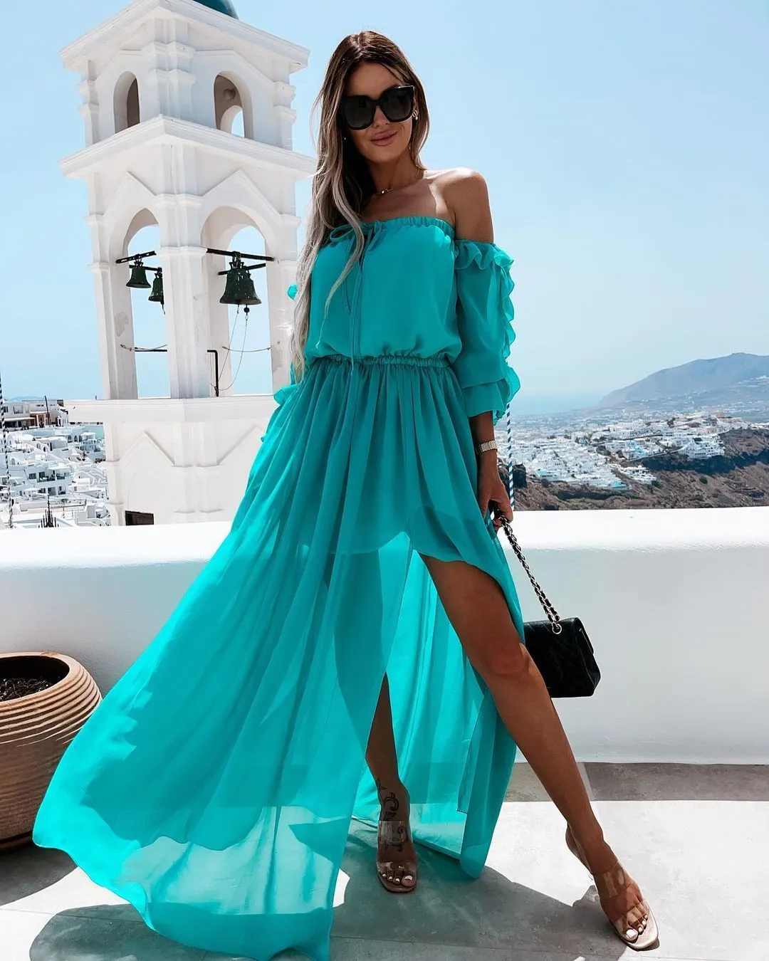 Chiffon Dress Irregular Long Dress Casual Long Sleeve Beach Dress