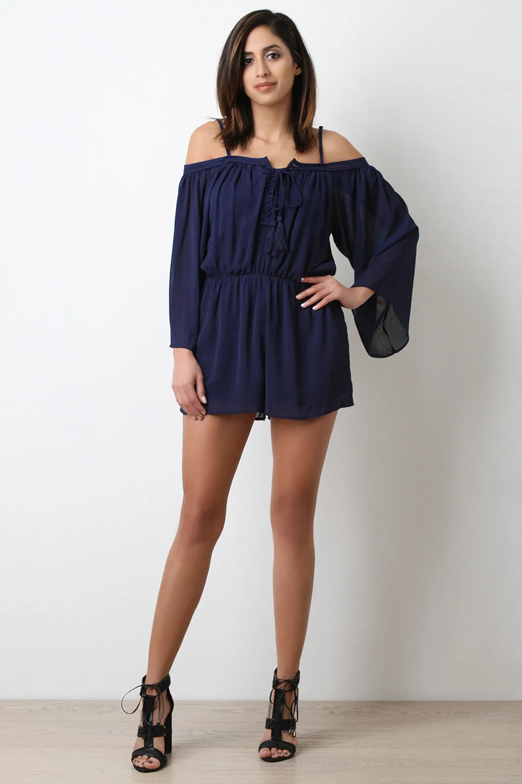 Chiffon Long Sleeve Crochet Trim Bardot Romper