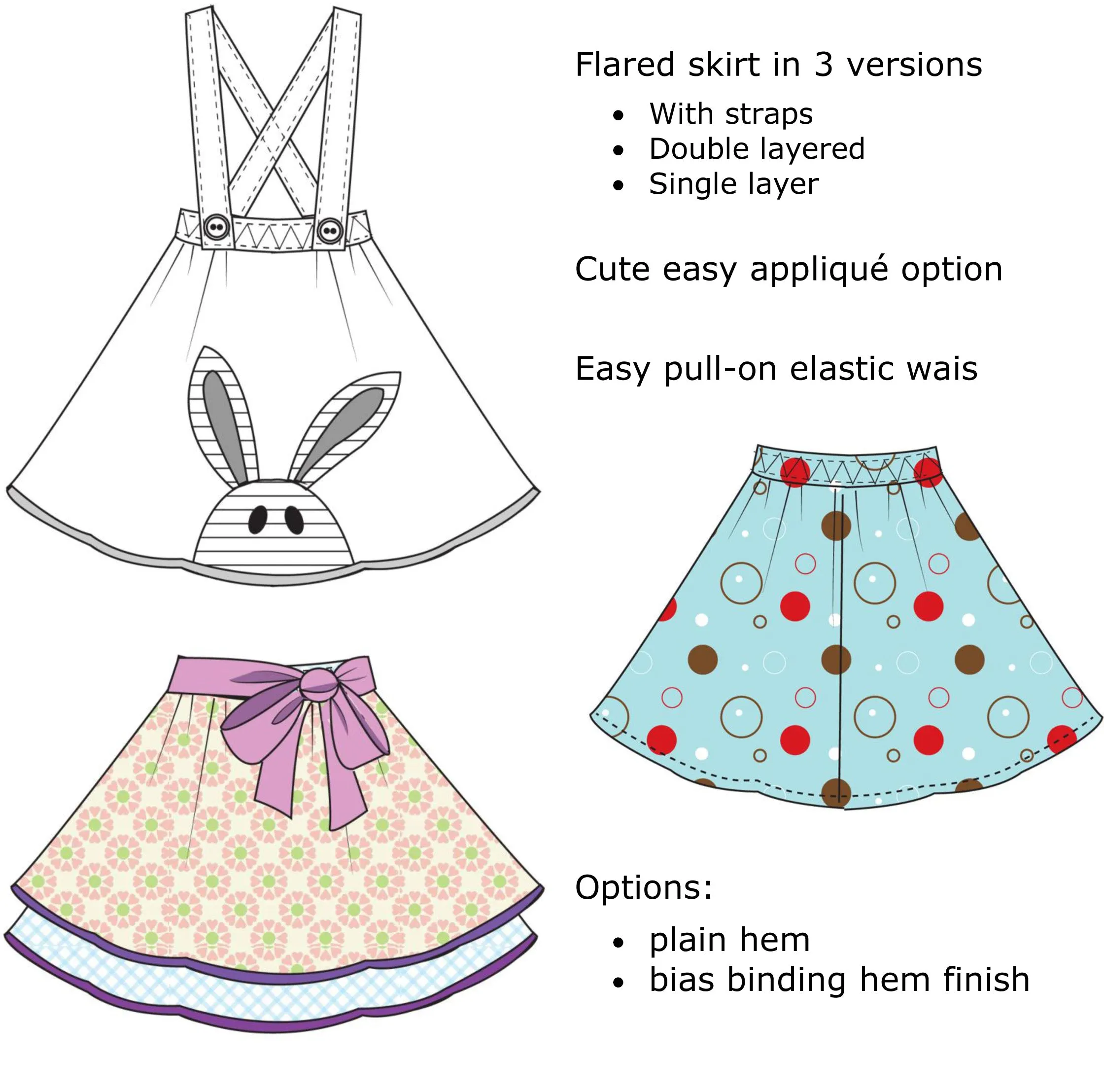 Christmas Angel applique, Girls flared, twirly skirt pdf sewing pattern TOPSY SKIRT sizes 1-12 years. 3 versions