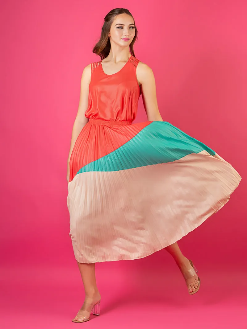 Color Block Pleated Skirt