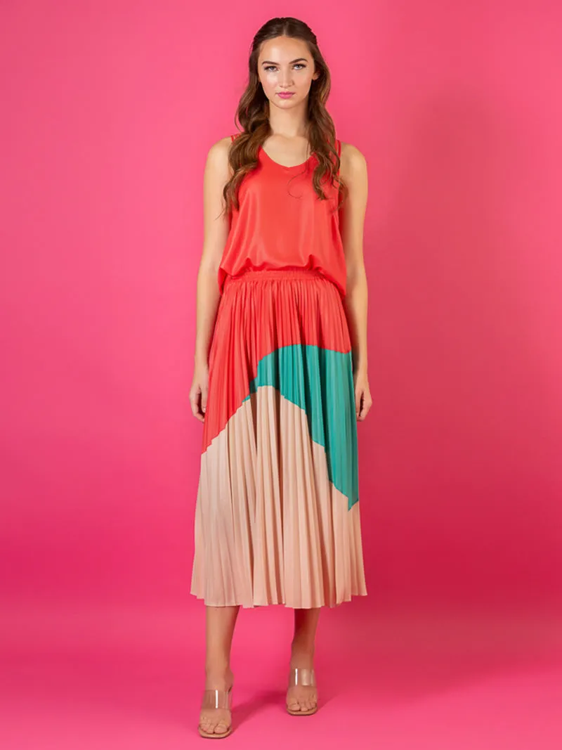 Color Block Pleated Skirt