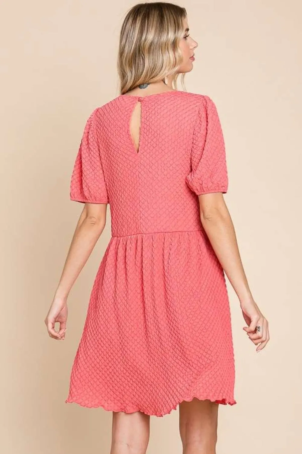 Culture Code Full Size Textured Round Neck Puff Sleeve Dress