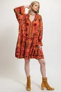 Curvy Fall Floral Dress in Brick