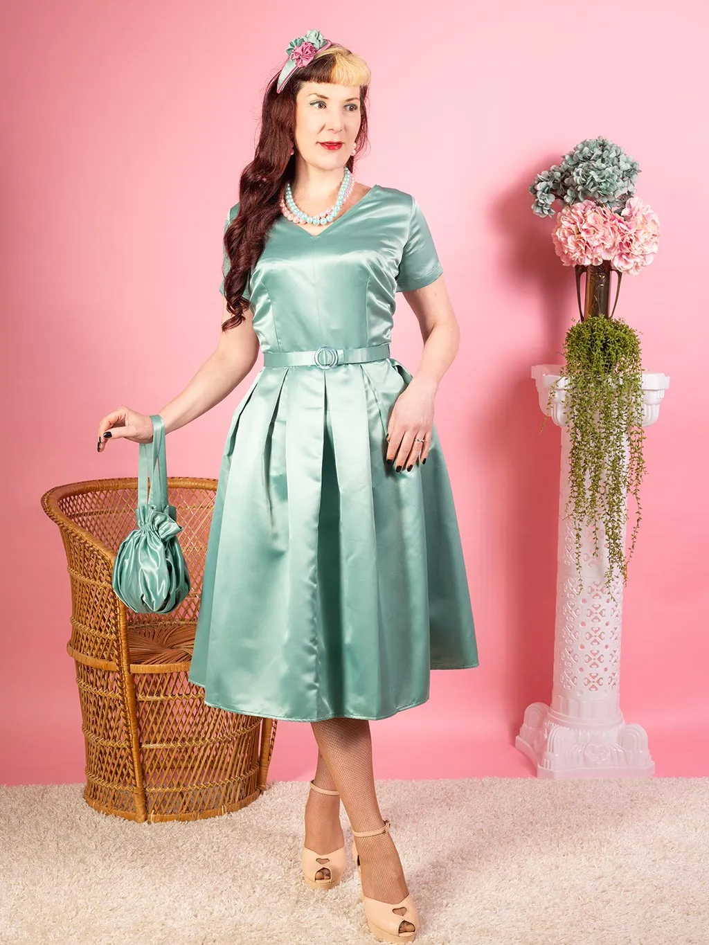 Denise 1950s Satin Pleated Dress Sage Green