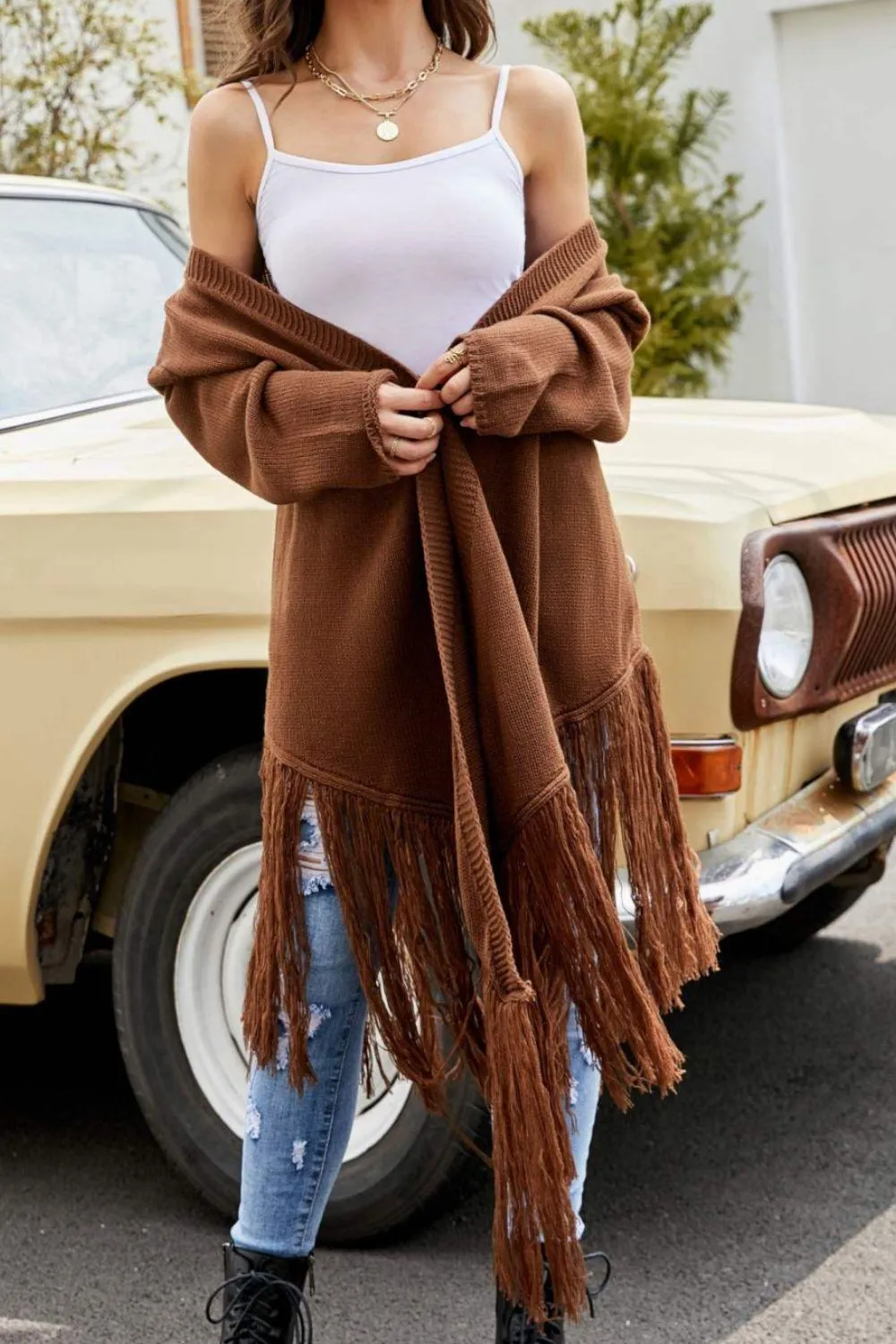 Double Take Fringe Hem Open Front Ribbed Trim Cardigan