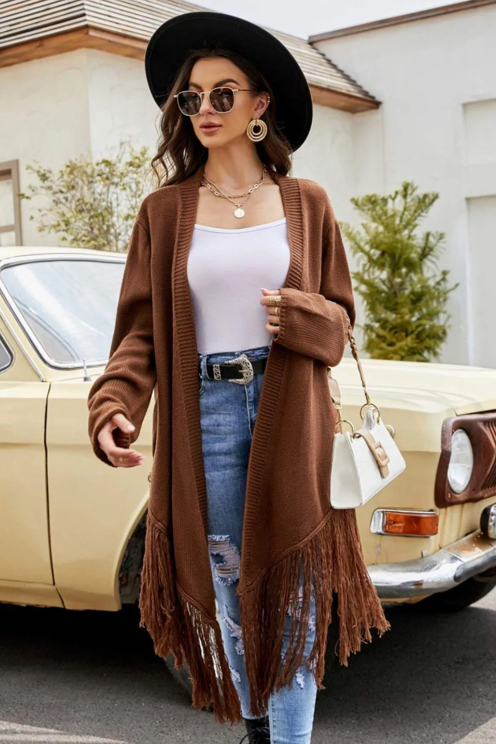 Double Take Fringe Hem Open Front Ribbed Trim Cardigan