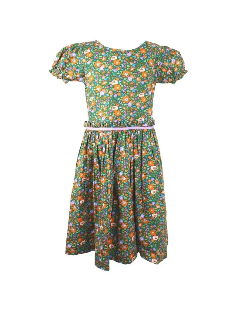 Dress Round Neck Puff Short Sleeves With Gartered Armhole Shirring Skirt Floral Printed Without Lining Plain - Green