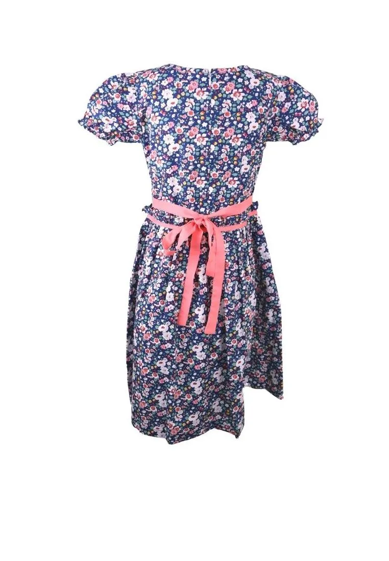 Dress Round Neck Puff Short Sleeves With Gartered Armhole Shirring Skirt Floral Printed Without Lining Plain - Navy Blue/Pink