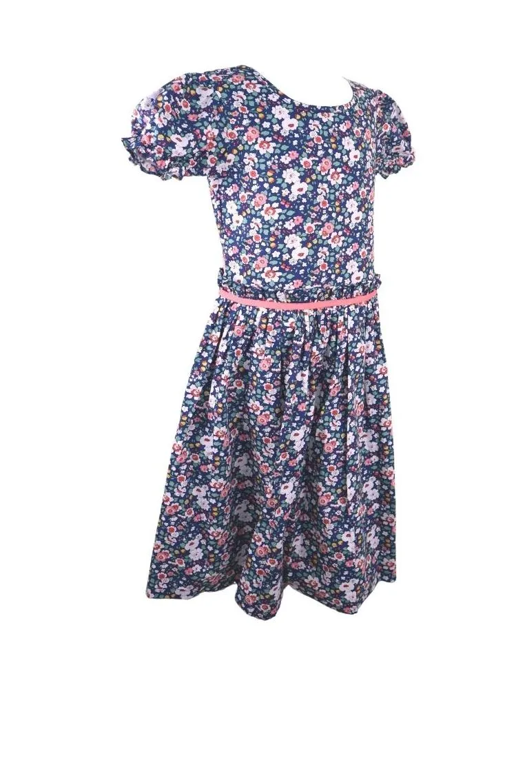 Dress Round Neck Puff Short Sleeves With Gartered Armhole Shirring Skirt Floral Printed Without Lining Plain - Navy Blue/Pink