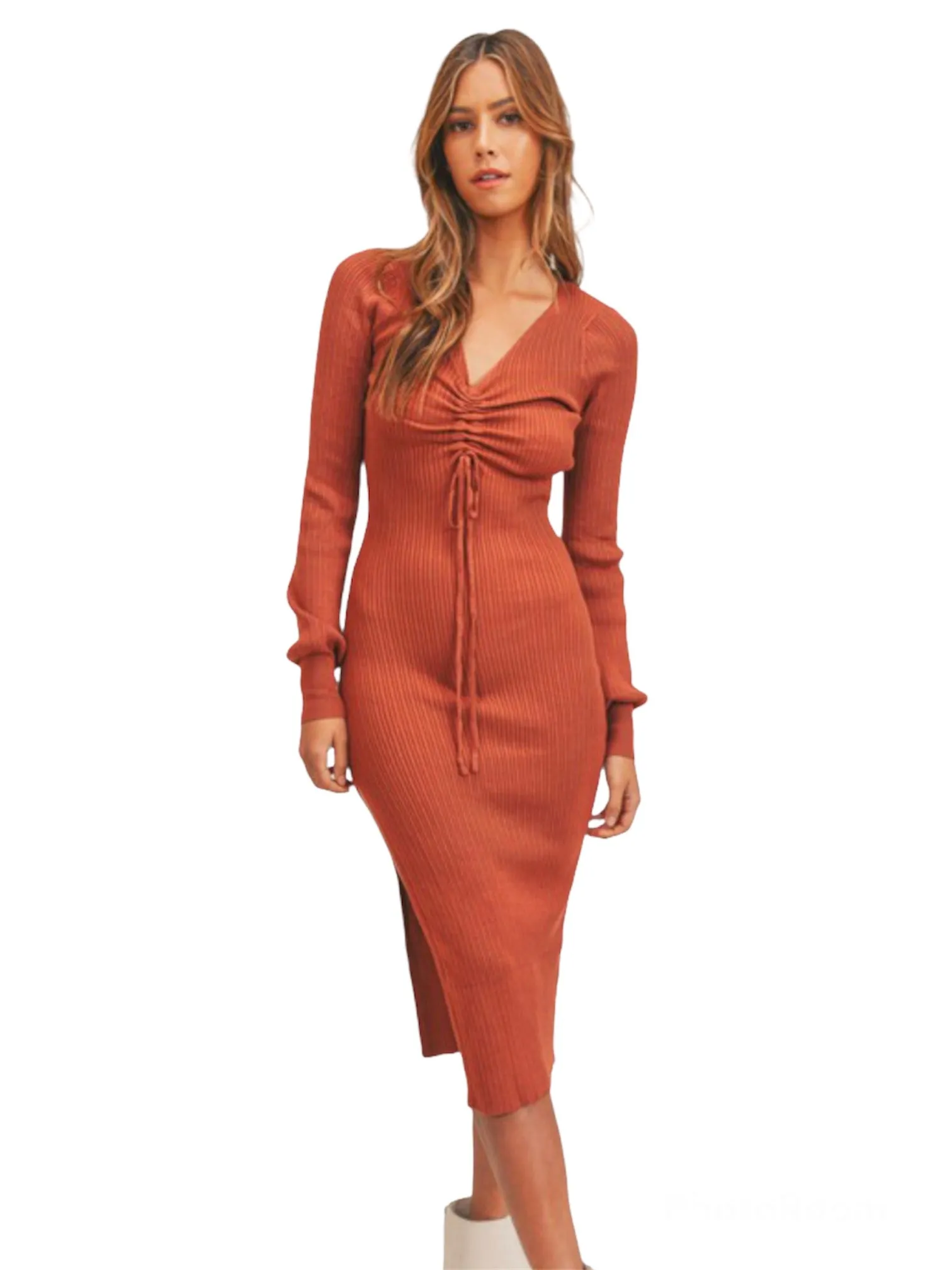 Fire Midi Long Sleeve Ribbed Sweater Dress