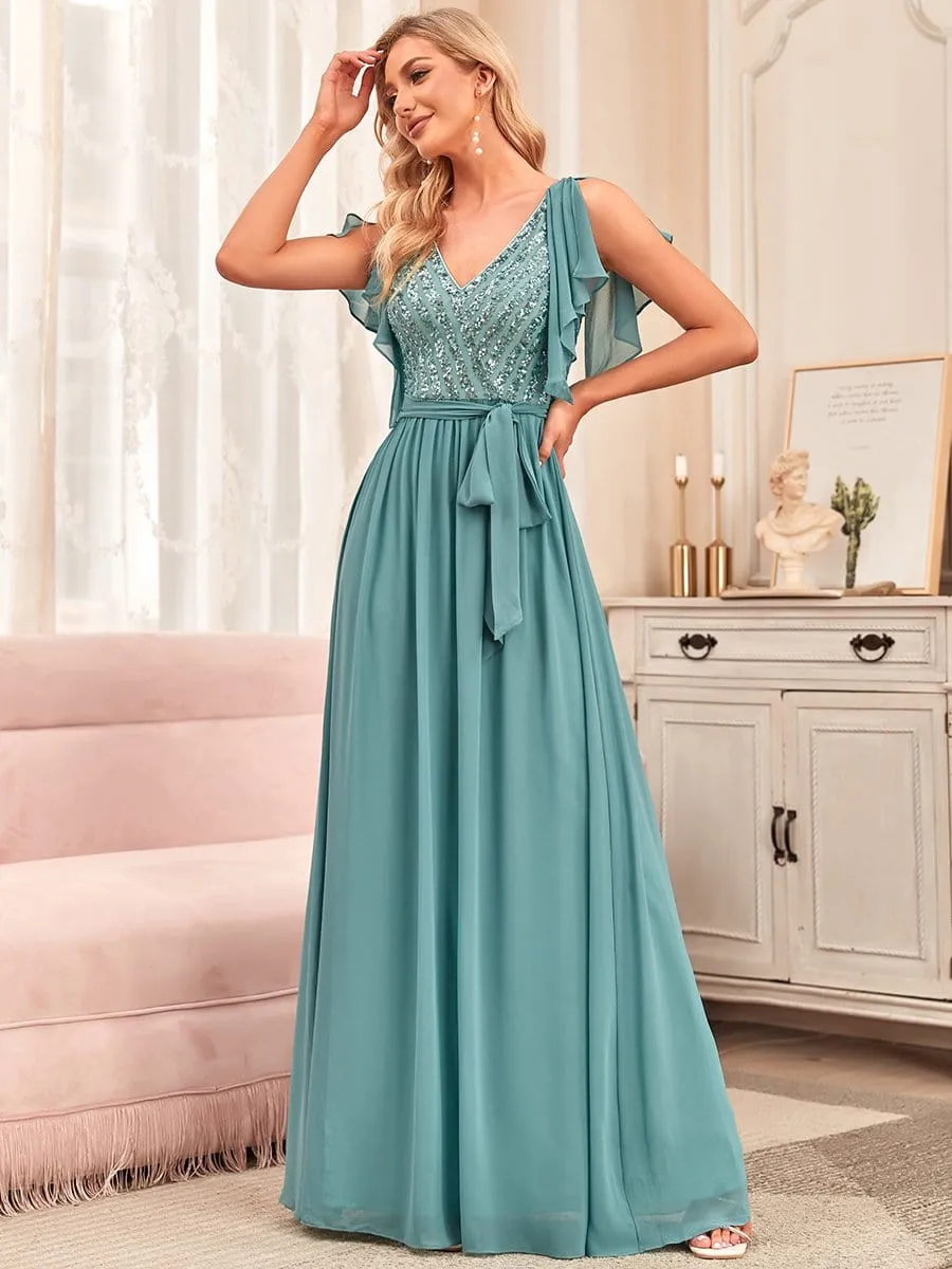 Flutter Sleeve Tie-Waist Sequin A-Line Bridesmaid Dress