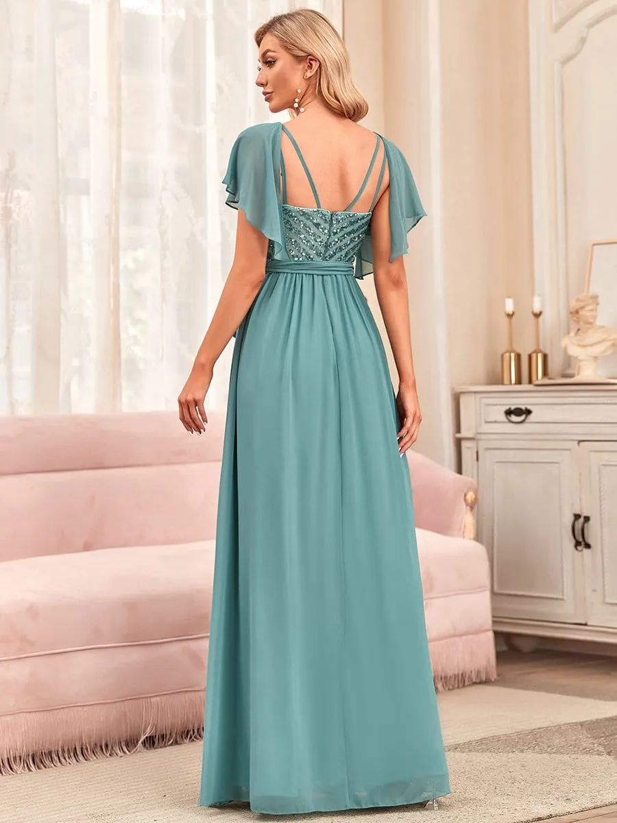 Flutter Sleeve Tie-Waist Sequin A-Line Bridesmaid Dress