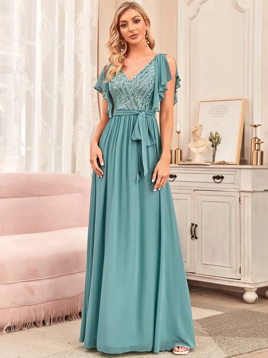 Flutter Sleeve Tie-Waist Sequin A-Line Bridesmaid Dress