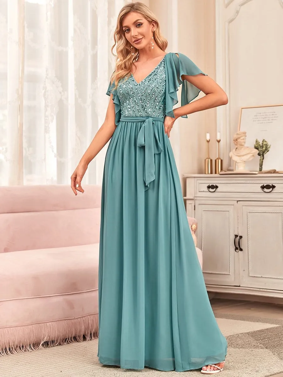 Flutter Sleeve Tie-Waist Sequin A-Line Bridesmaid Dress