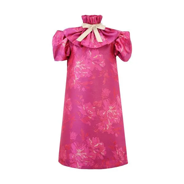 FUCHSIA PINK AND GOLD DAMASK DRESS WITH HAIRBOW