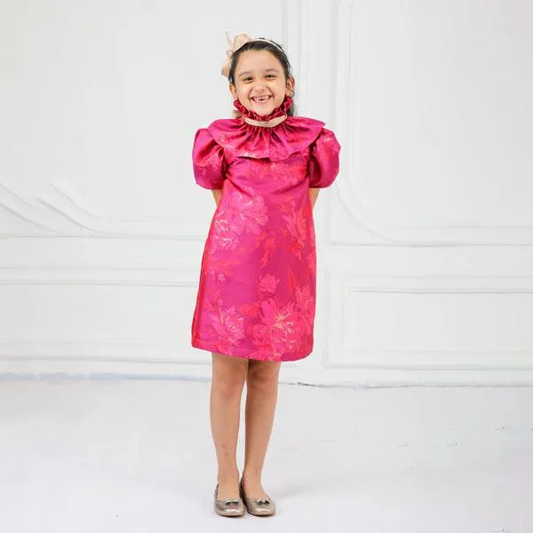 FUCHSIA PINK AND GOLD DAMASK DRESS WITH HAIRBOW