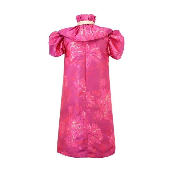 FUCHSIA PINK AND GOLD DAMASK DRESS WITH HAIRBOW