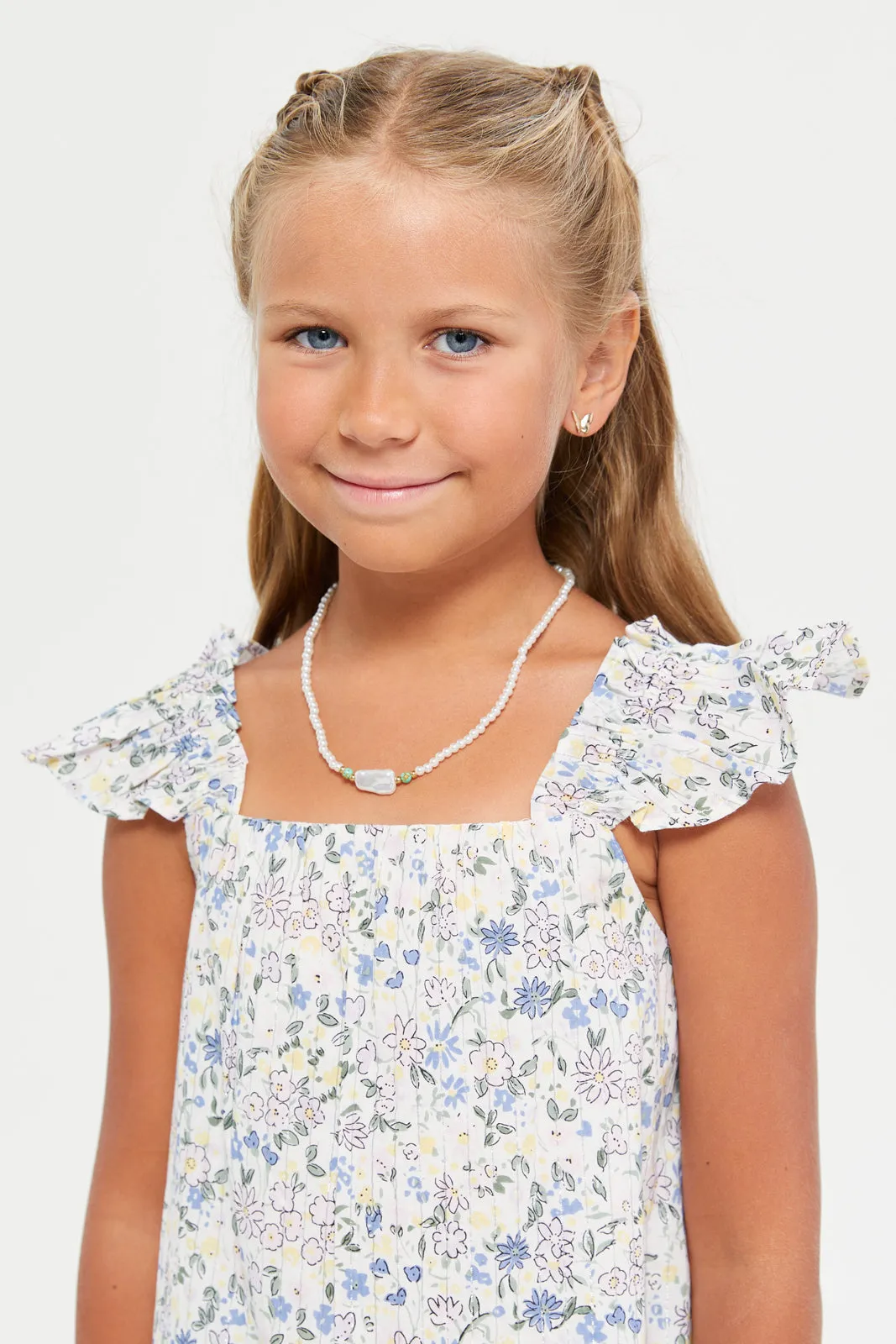 Girls Blue Printed Floral Lurex Blouse