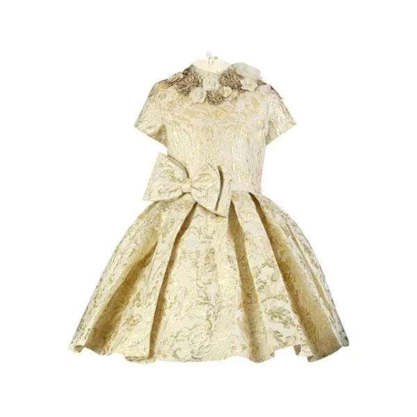 GIRLS CREAM AND GOLD BALL DRESS WITH BOW DETAIL