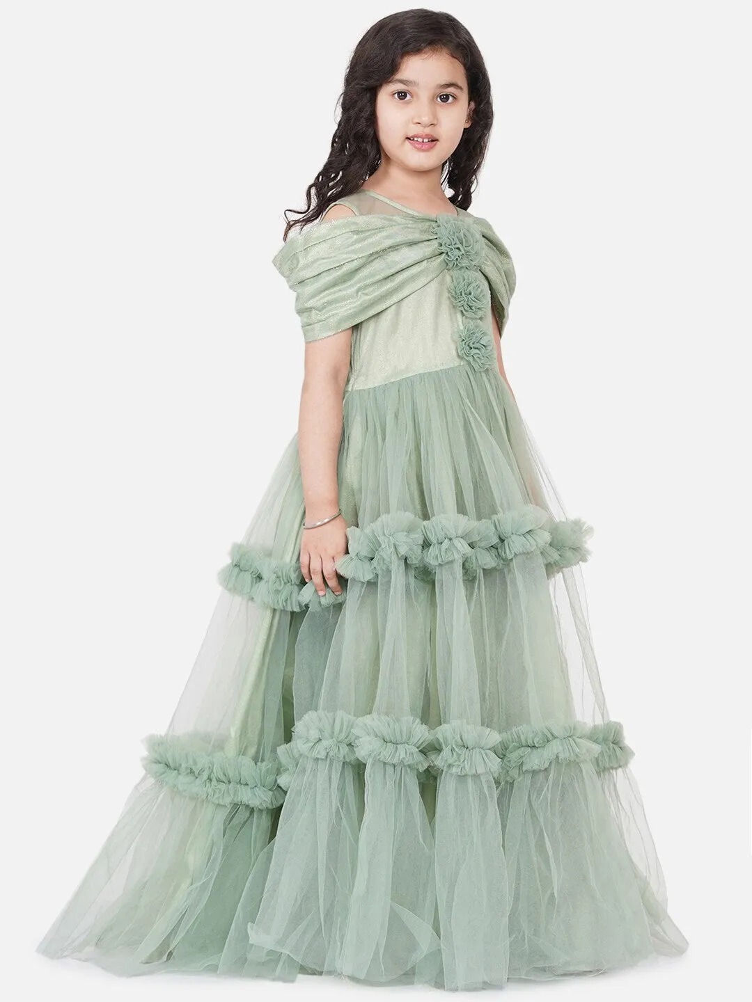 Girls Green Embellished Net Maxi Dress