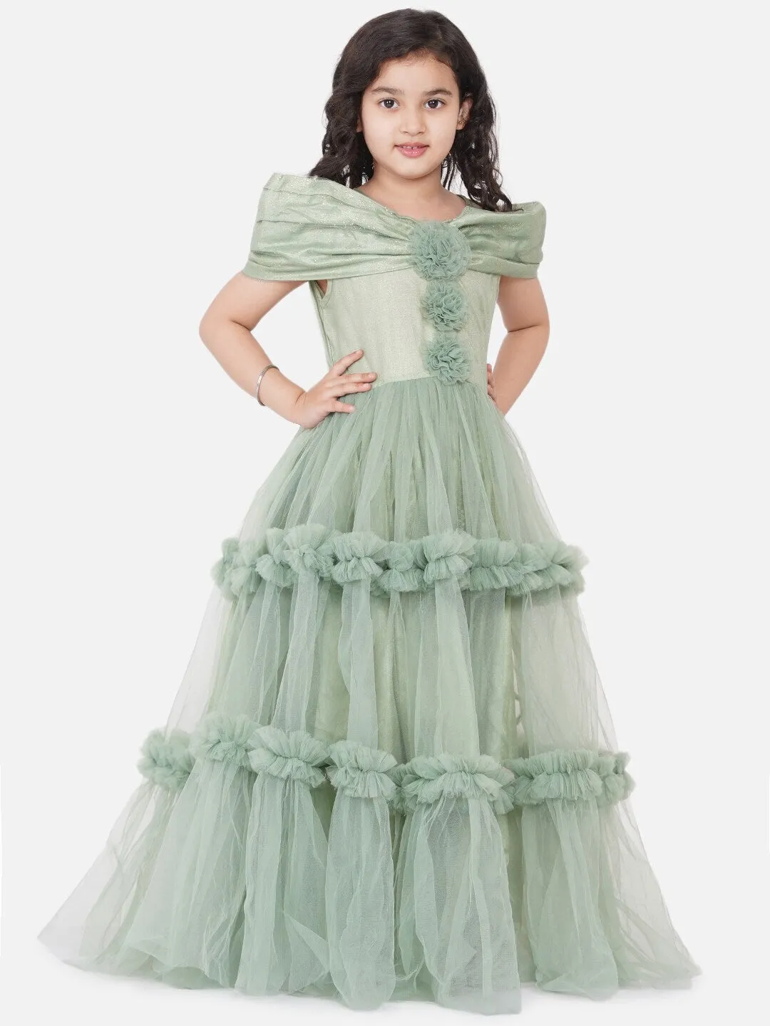 Girls Green Embellished Net Maxi Dress