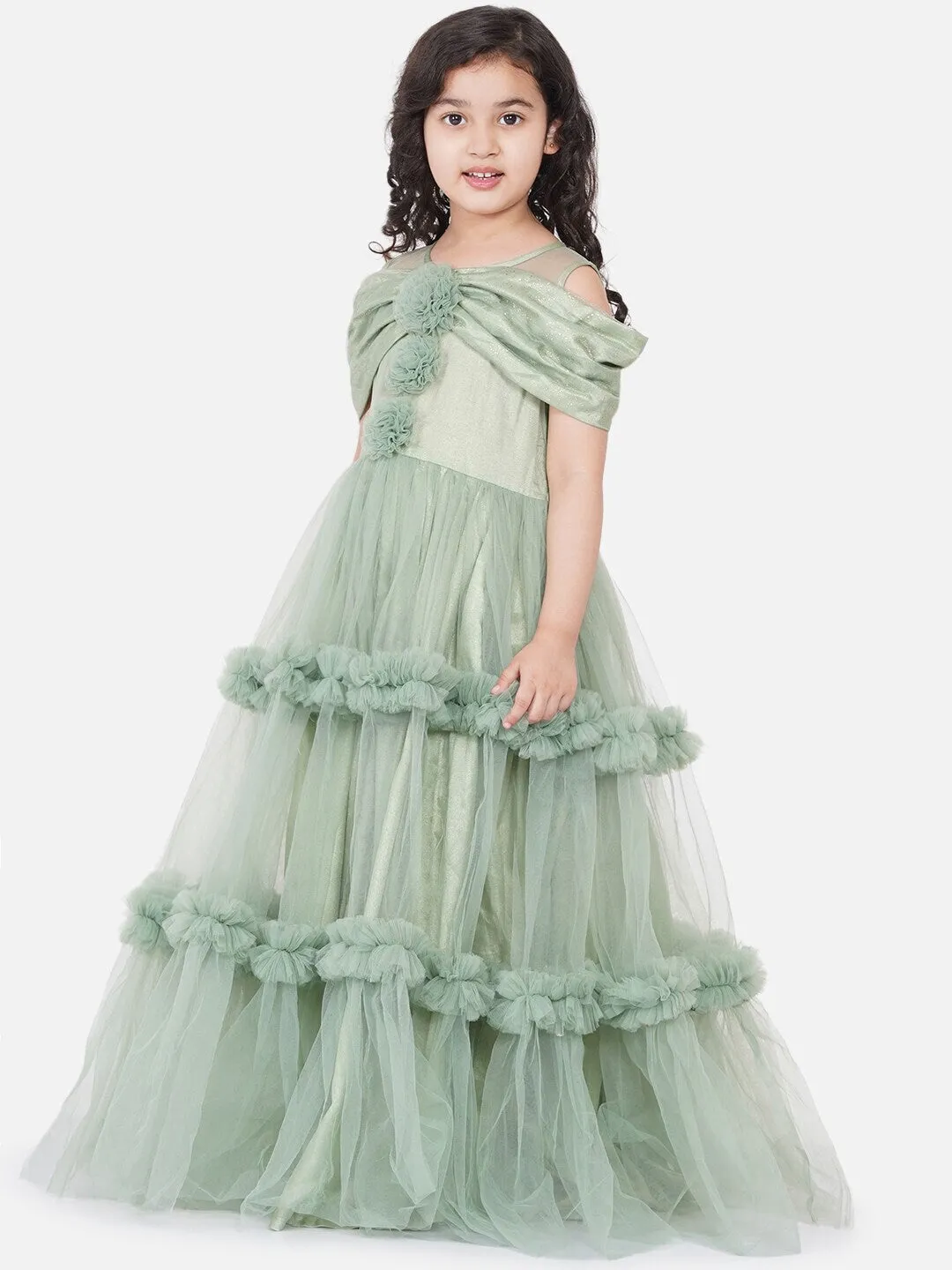 Girls Green Embellished Net Maxi Dress