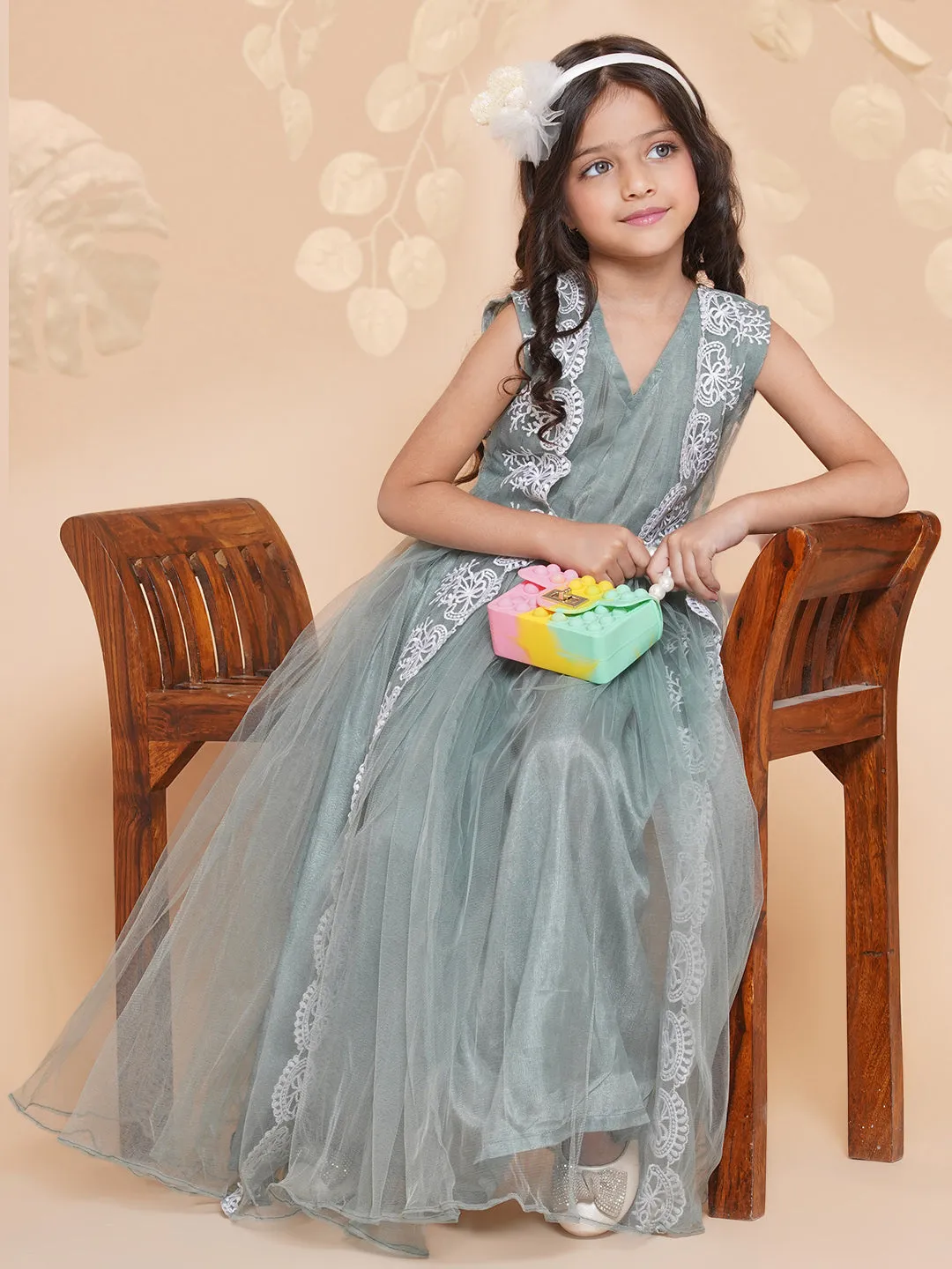 Girls Green Net Embroidered Fit & Flare Gown.