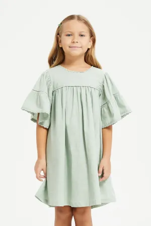 Girls Green Plain Flutter Sleeve Dress