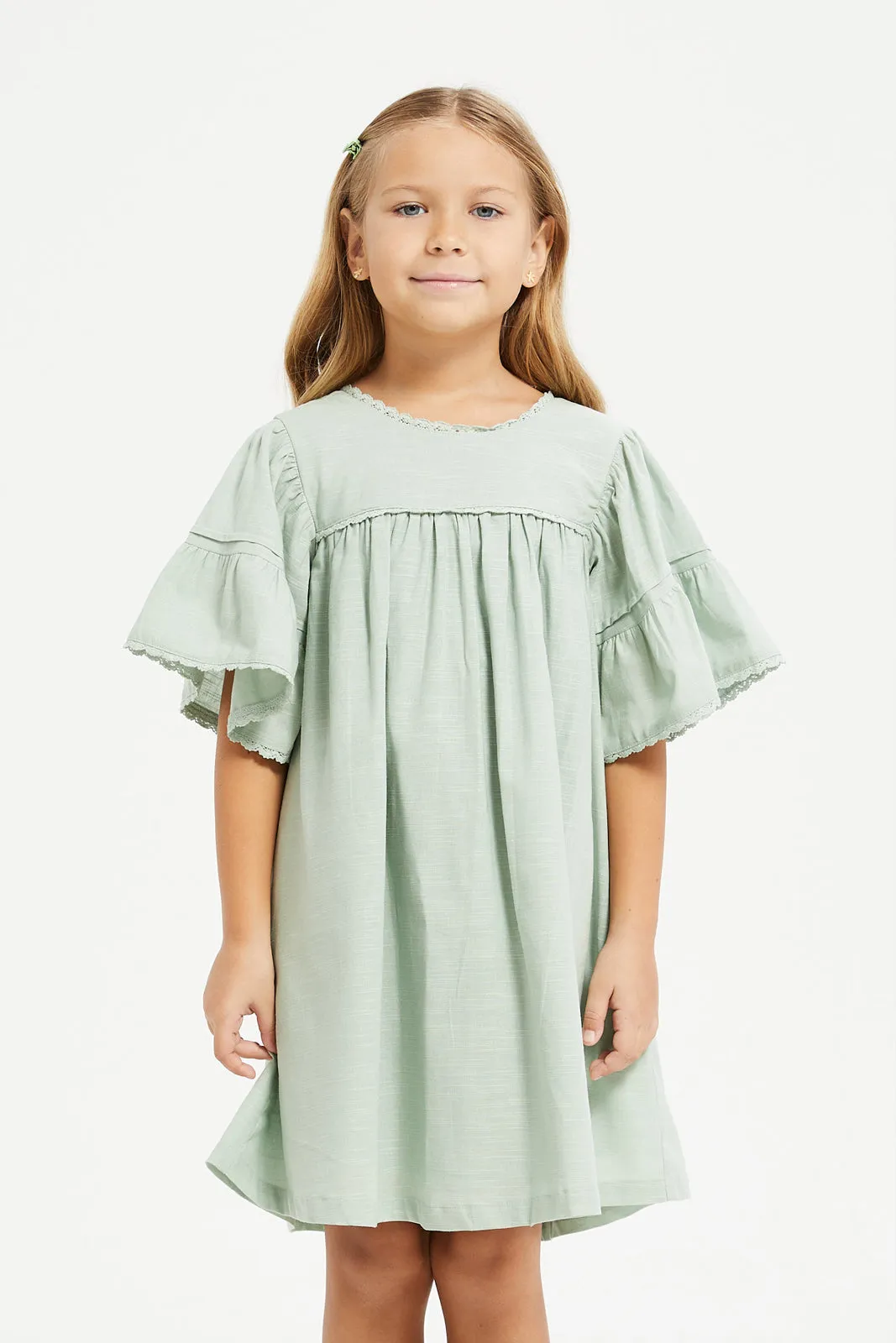 Girls Green Plain Flutter Sleeve Dress