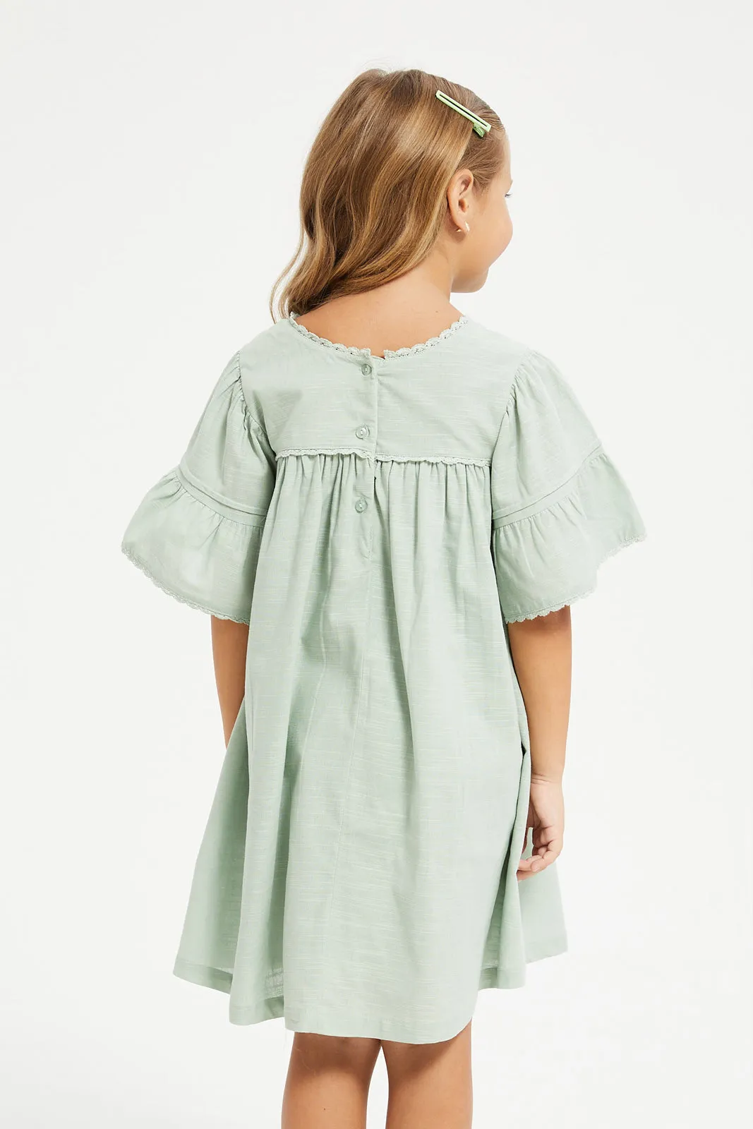 Girls Green Plain Flutter Sleeve Dress