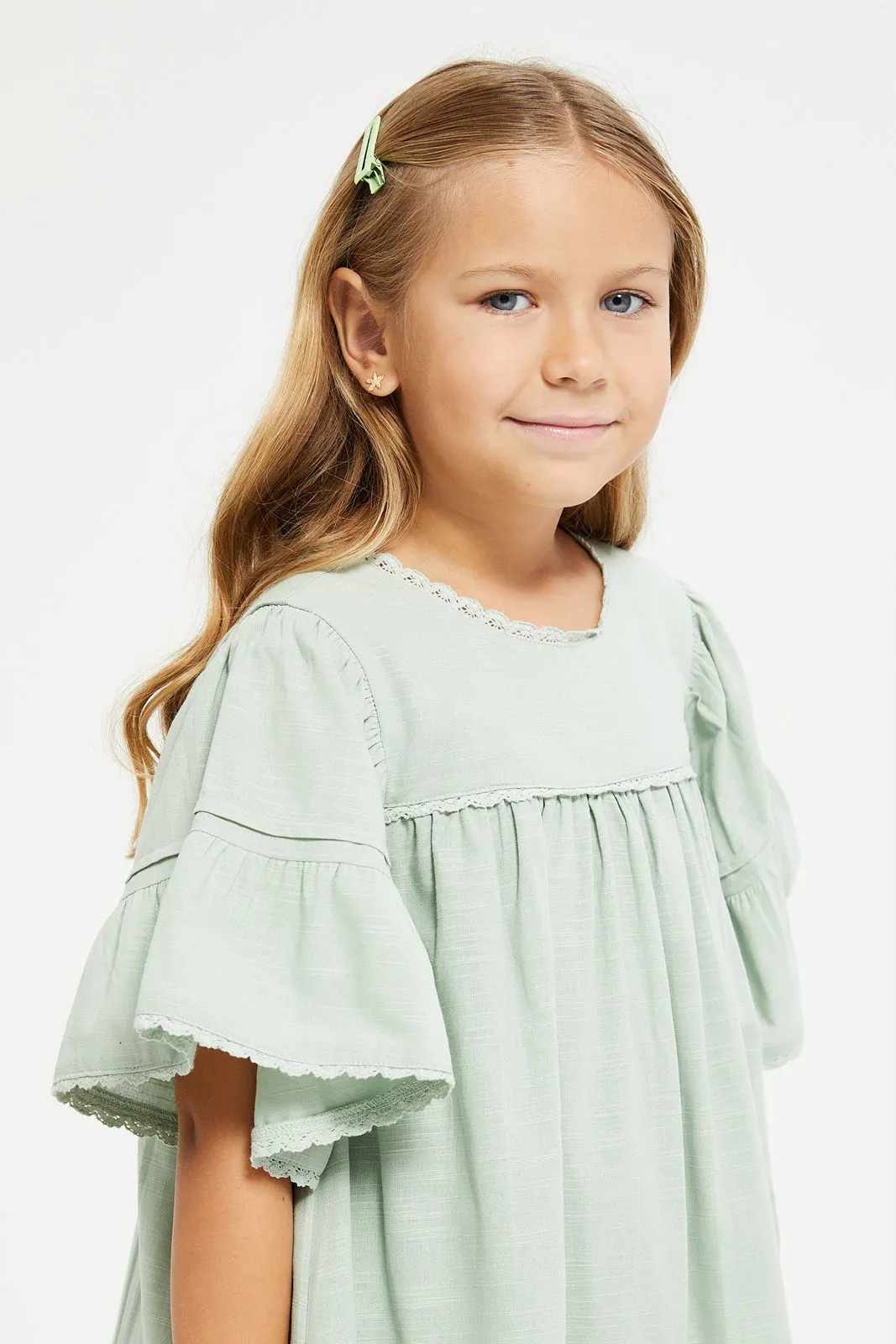 Girls Green Plain Flutter Sleeve Dress