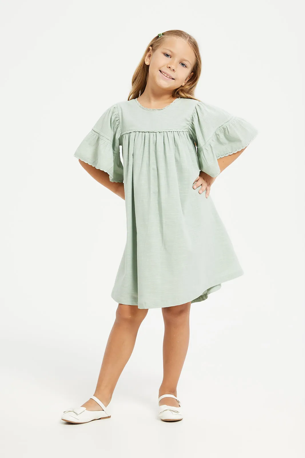 Girls Green Plain Flutter Sleeve Dress