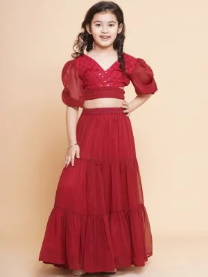 Girls Maroon Poly Georgette Embroidered Sequinned Choli Ready To Wear Lehenga