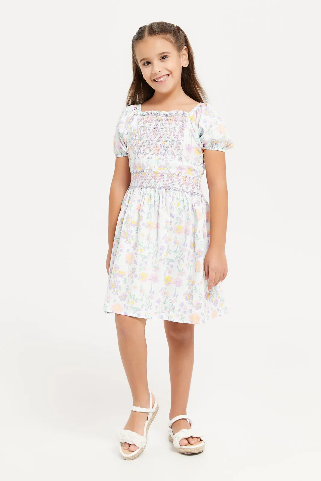 Girls Multicolour Floral Print Smocking Dress